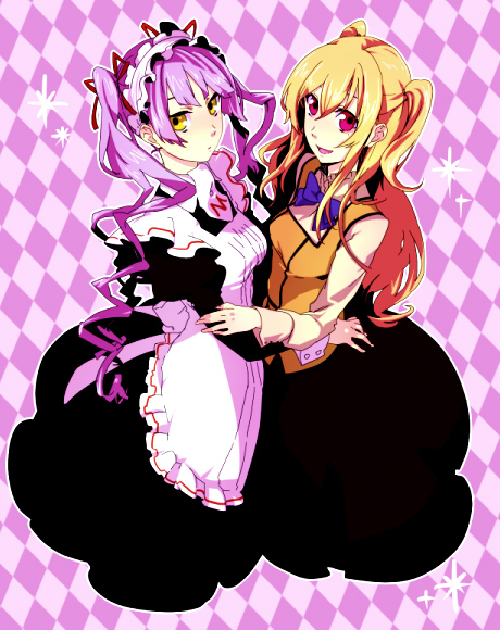 00s, 1boy, 1girl, apron, bad_id, bad_pixiv_id, blonde_hair, bow