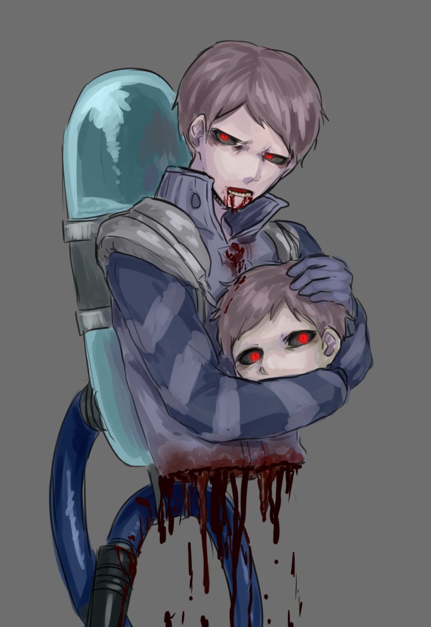 2boys, artist_request, black_sclera, blood, colored_sclera, gloves, head, highres