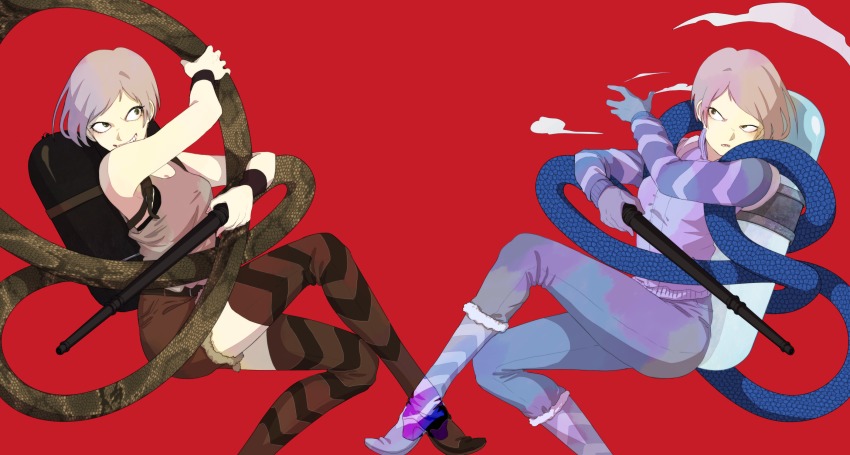 2girls, artist_request, bare_shoulders, boots, breasts, cleavage, eye_contact, eyelashes