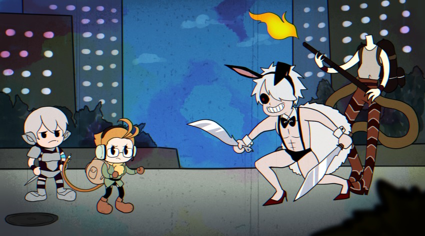 1girl, 3boys, abs, animal_ears, artist_request, black_sclera, rabbit_ears, colored_sclera