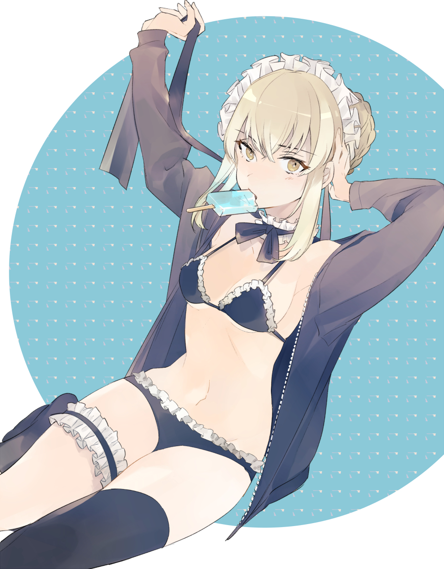 1girl, arms_up, artoria_pendragon_(fate), asymmetrical_legwear, bare_shoulders, bikini, black_bikini, black_jacket, black_thighhighs, blonde_hair, blue_background, braid, breasts, eating, fate/grand_order, fate_(series), female_focus, food, frilled_bikini, frilled_thigh_strap, frills, hair_bun, headdress, invisible_chair, jacket, legs_together, looking_at_viewer, lowe_(slow), maid, maid_bikini, maid_headdress, medium_breasts, mismatched_legwear, mouth_hold, navel, off_shoulder, open_clothes, open_jacket, popsicle, saber_alter, saber_alter_(swimsuit_rider)_(second_ascension), sidelocks, single_hair_bun, single_thighhigh, sitting, solo, swimsuit, thigh_strap, thighhighs, tying_hair, unconventional_maid, uneven_legwear, yellow_eyes