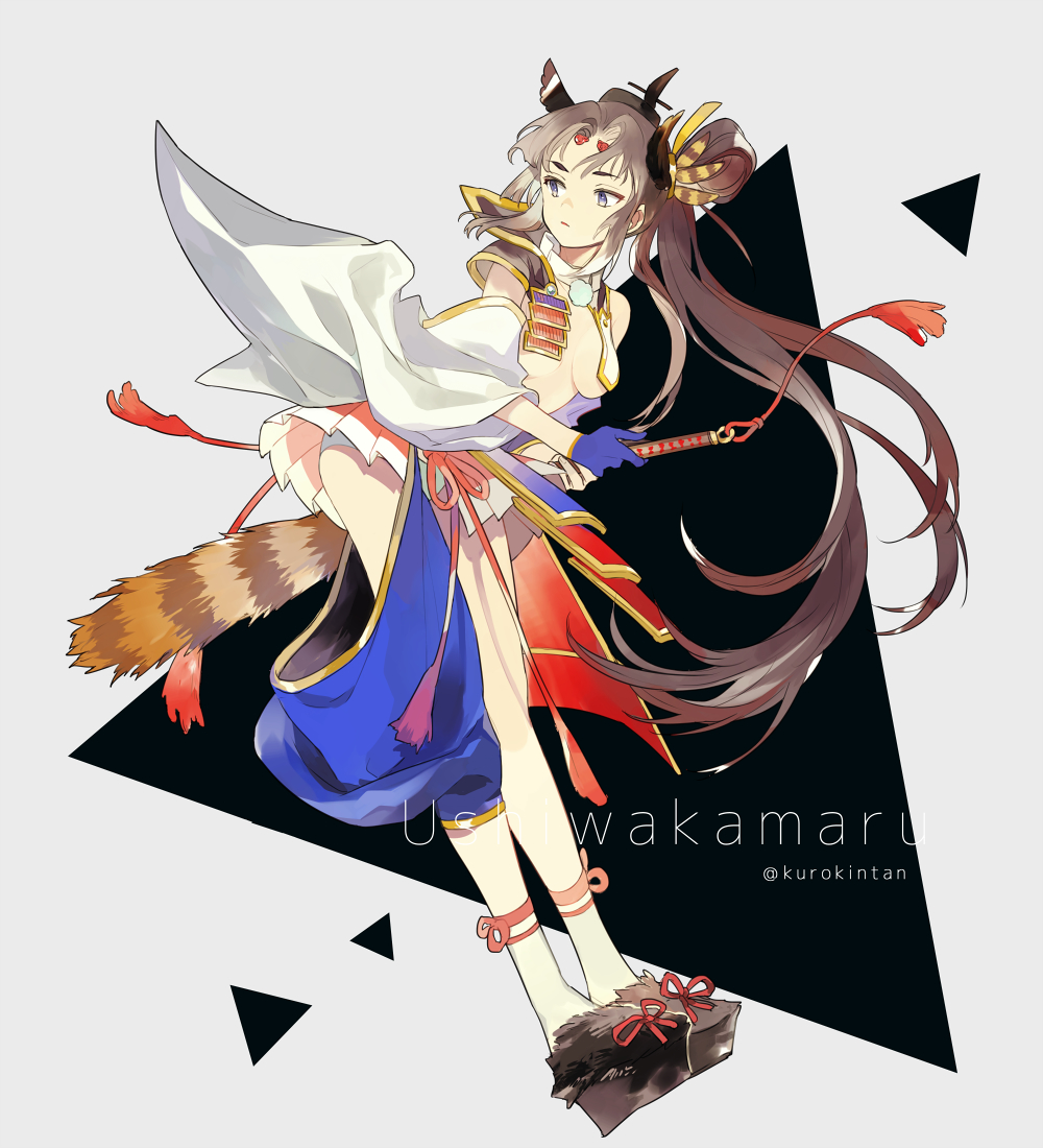 1girl, armor, asymmetrical_sleeves, blue_gloves, blue_panties, breasts, brown_hair, character_name, closed_mouth, detached_collar, facial_mark, fate/grand_order, fate_(series), female_focus, forehead_mark, from_side, full_body, gloves, hair_ornament, holding, holding_sword, holding_weapon, japanese_armor, japanese_clothes, kusazuri, legband, legs_together, long_hair, long_sleeves, looking_away, looking_back, lowe_(slow), medium_breasts, mismatched_sleeves, no_bra, panties, pleated_skirt, pom_pom_(clothes), purple_eyes, revealing_clothes, sandals, shoulder_armor, single_bare_shoulder, skirt, socks, sode, solo, sword, twitter_username, underwear, ushiwakamaru_(fate), ushiwakamaru_(second_ascension)_(fate), very_long_hair, weapon, white_socks, wide_sleeves