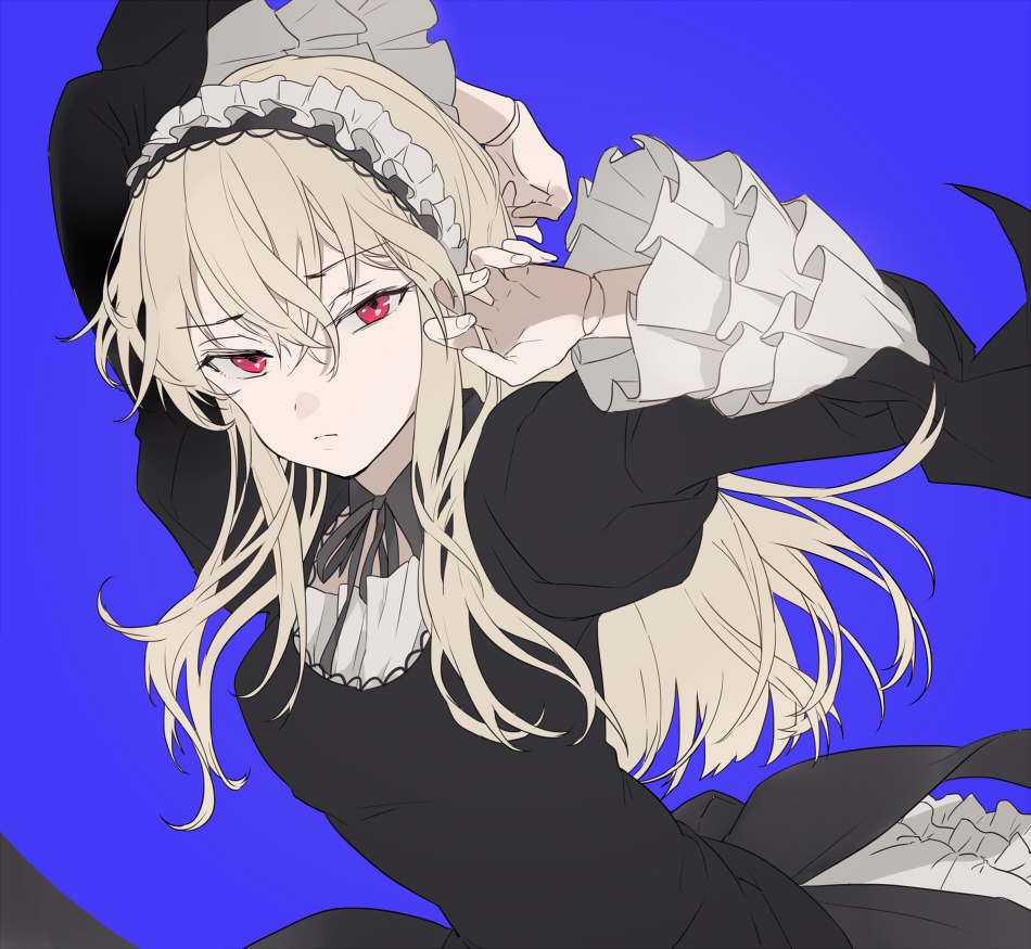 1girl, arm_behind_head, black_dress, black_ribbon, blonde_hair, blue_background, character_request, closed_mouth