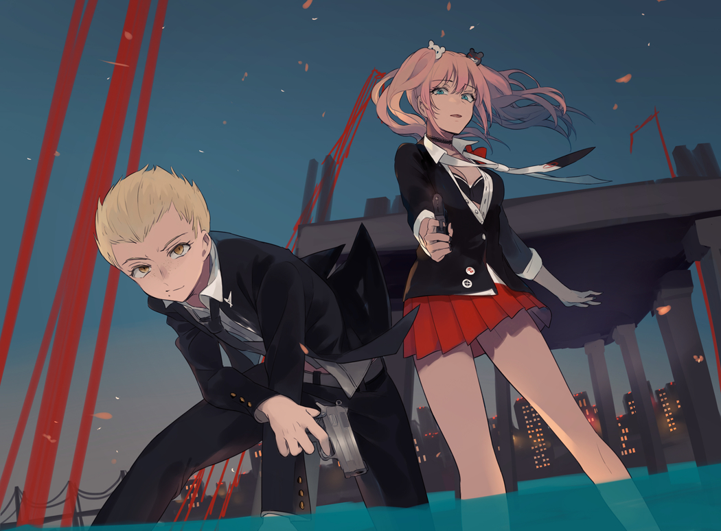 1boy, 1girl, bent_over, black_bra, black_choker, black_jacket, black_neckwear, black_pants