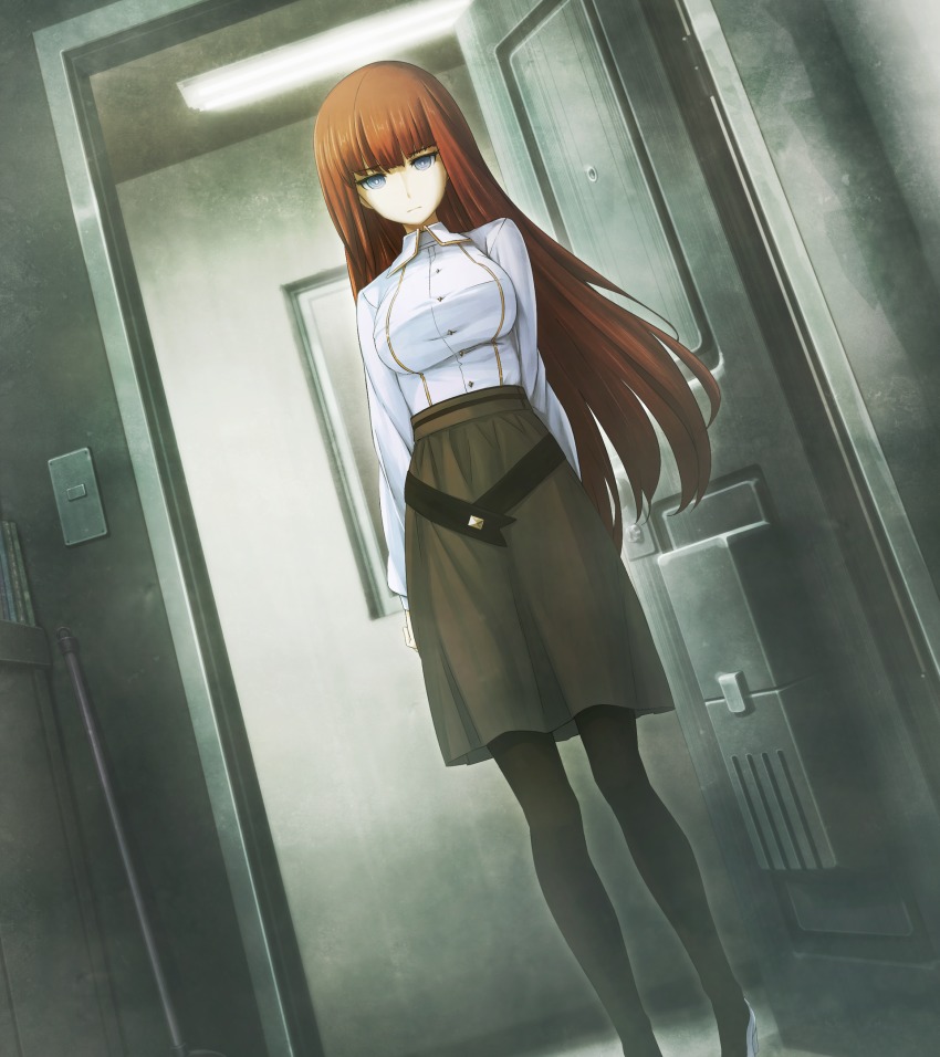 1girl, arm_behind_back, black_pantyhose, blue_eyes, brown_hair, brown_skirt, dutch_angle, female_focus, floating_hair, game_cg, high_heels, highres, huke, indoors, long_hair, looking_down, non-web_source, official_art, pantyhose, science_adventure, shiina_kagari, shirt, skirt, solo, standing, steins;gate, steins;gate_0, very_long_hair, white_footwear, white_shirt