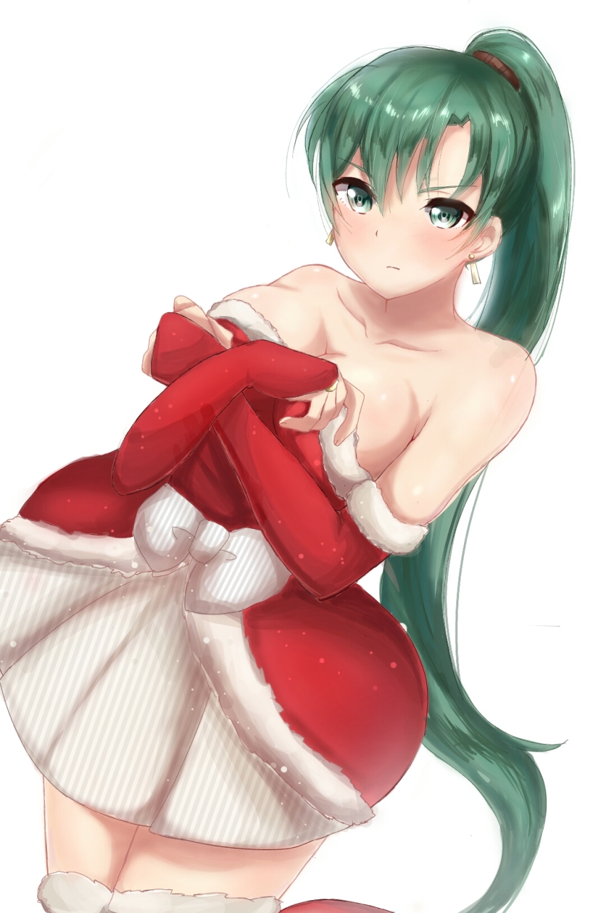 1girl, alternate_costume, aone_hiiro, bare_shoulders, blush, breasts, bridal_gauntlets, cleavage