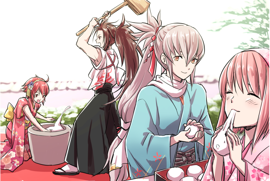 2boys, 2girls, brown_hair, eating, fire_emblem, fire_emblem_fates, food, hinoka_(fire_emblem), japanese_clothes, kimono, long_hair, looking_at_viewer, mochi, multiple_boys, multiple_girls, nintendo, red_hair, ryoma_(fire_emblem), sakura_(fire_emblem), short_hair, smile, spiked_hair, takumi_(fire_emblem), wagashi, white_hair, yoneko