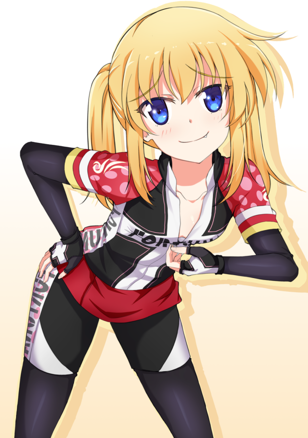 1girl, a-m, biker_clothes, bikesuit, black_gloves, blonde_hair, blue_eyes, blush, bodysuit, breasts, closed_mouth, clothes_writing, collarbone, fang, fang_out, female_focus, fingerless_gloves, gloves, gradient_background, hand_on_own_hip, legs_apart, long_riders!, looking_at_viewer, raised_eyebrows, saijou_hinako, side_ponytail, sidelocks, small_breasts, smile, solo, standing, unzipping, yellow_background, zipper