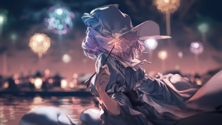 1girl, aerial_fireworks, backlighting, bad_id, bad_pixiv_id, blurry, congming_lan, depth_of_field