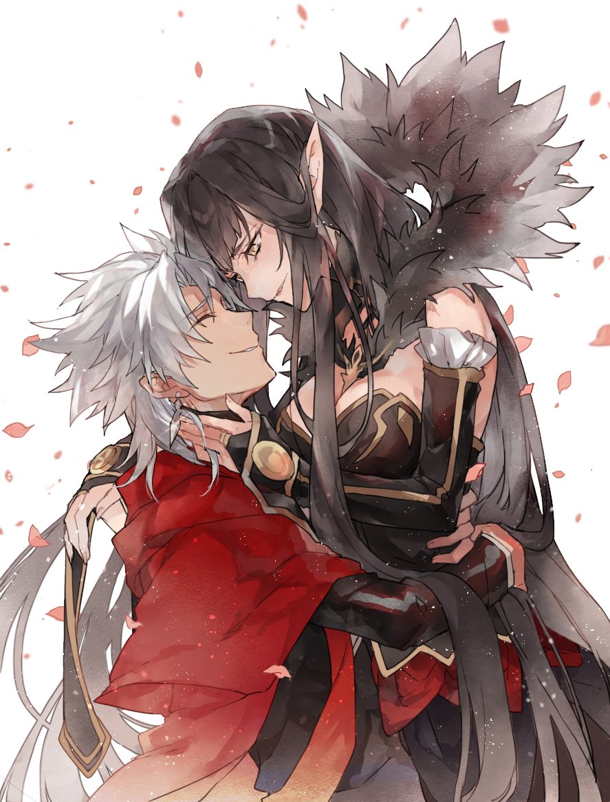 1boy, 1girl, amakusa_shirou_(fate), bare_shoulders, black_dress, black_hair, dark_skin, dark-skinned_male