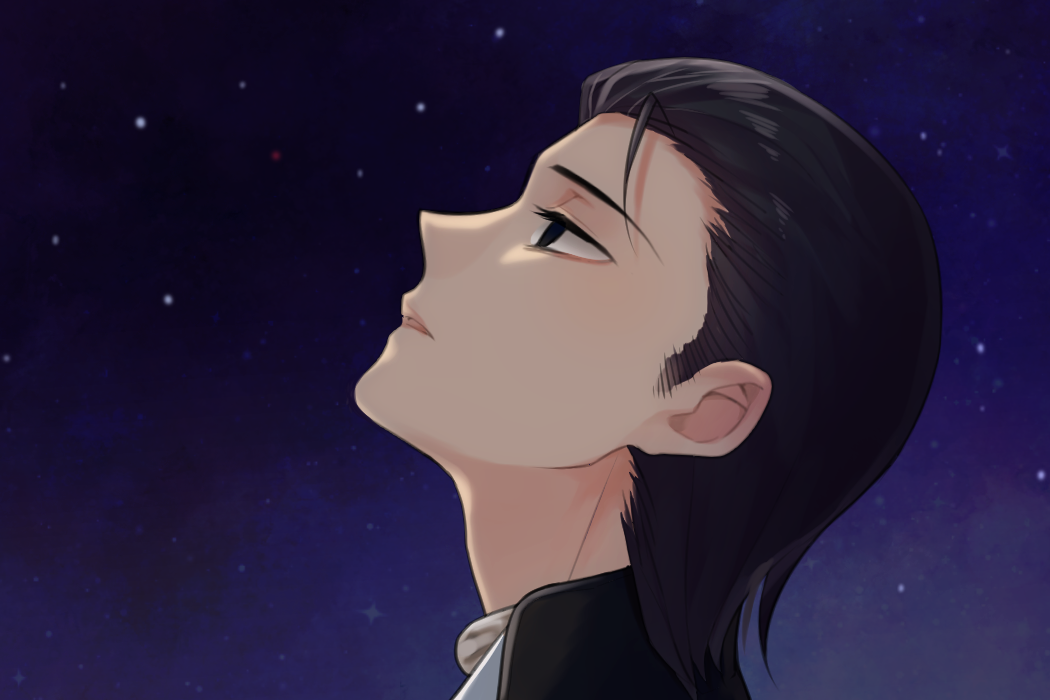 1boy, amazakesakumi1222, bad_id, bad_pixiv_id, battle_royale, black_eyes, black_hair, kiriyama_kazuo, male_focus, night, open_mouth, portrait, sky, solo, star_(sky)