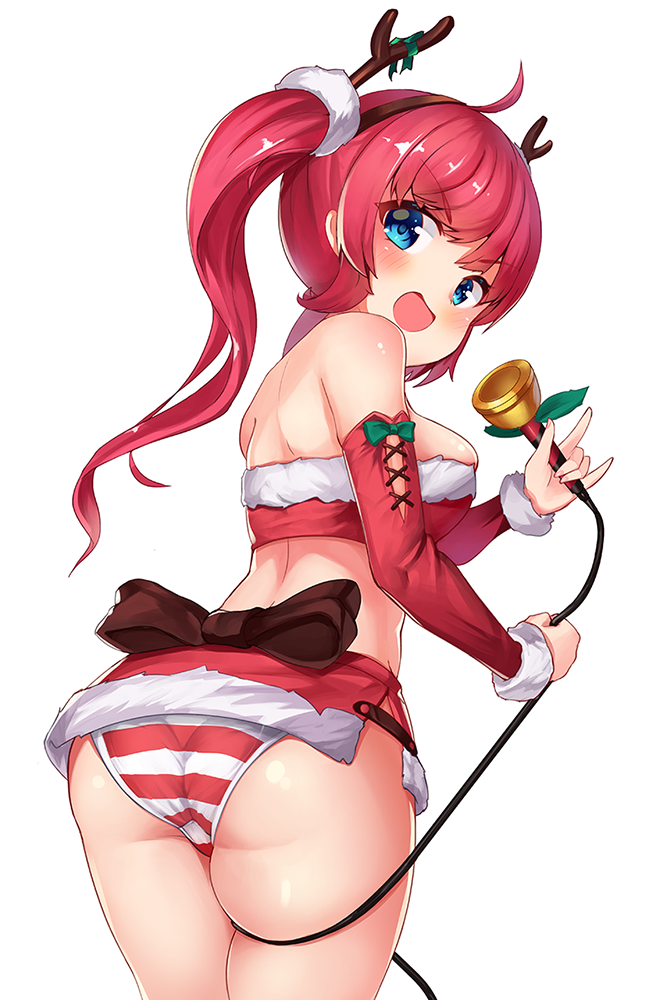 1girl, 2drr, :d, ahoge, antlers, ass, azur_lane, bandeau, bare_shoulders, bell, blue_eyes, blush, bow, brown_bow, commentary_request, crop_top, detached_sleeves, fake_antlers, female_focus, fingernails, fur-trimmed_skirt, fur-trimmed_sleeves, fur_trim, green_bow, holding, horns, long_hair, long_sleeves, looking_at_viewer, looking_back, looking_to_the_side, microskirt, midriff, nail_polish, open_mouth, panties, pink_nails, red_hair, red_skirt, reindeer_antlers, san_diego_(azur_lane), san_diego_(sandy_claus)_(azur_lane), santa_costume, simple_background, skirt, smile, solo, striped_clothes, striped_panties, twintails, underwear, white_background