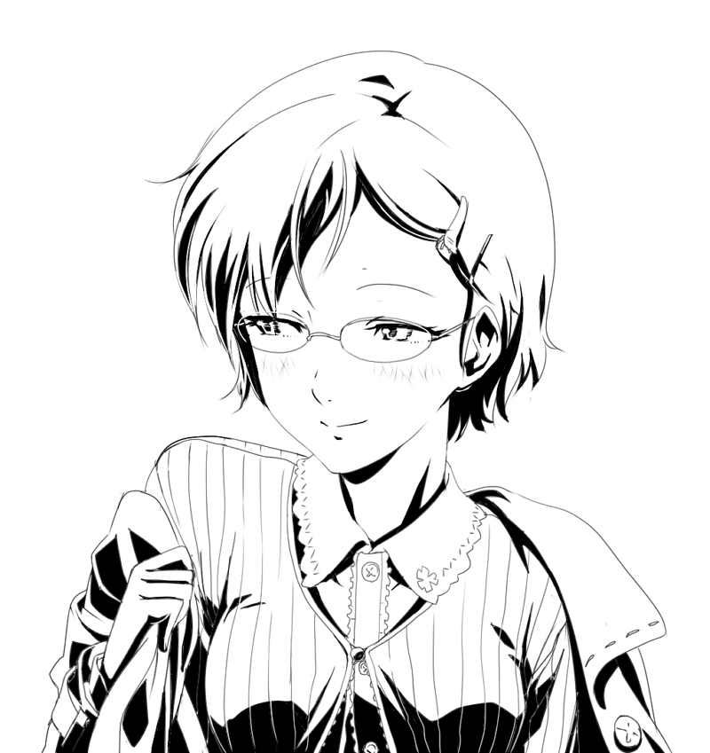 1girl, blush, chounan, female_focus, glasses, godou_tsugumi, greyscale, hair_ornament