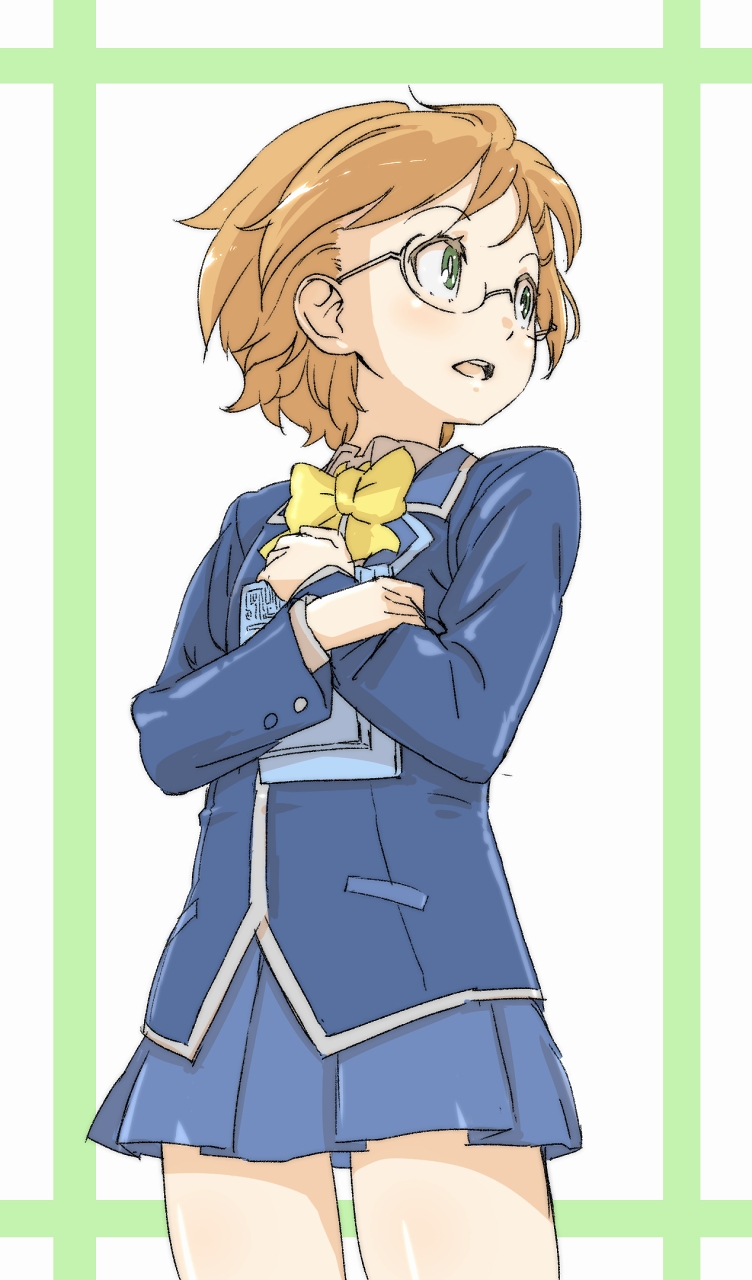 :o, blue_skirt, brown_hair, chounan, crossed_arms, glasses, godou_tsugumi, green_eyes