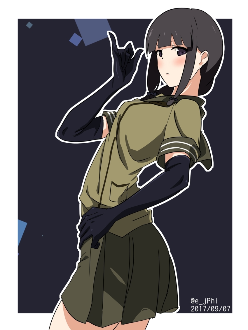 1girl, arched_back, black_gloves, blue_background, border, brown_hair, closed_mouth, dated