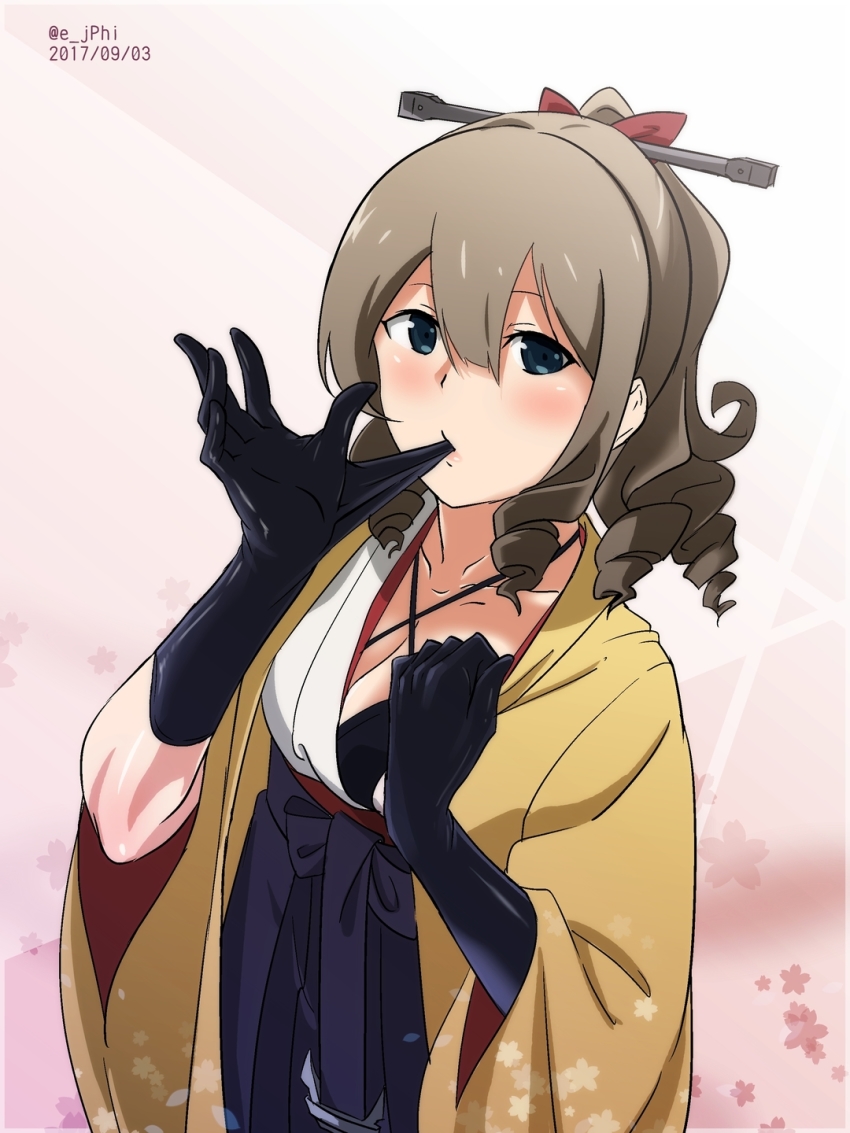 1girl, bad_id, bad_pixiv_id, black_gloves, blush, bow, breasts, cherry_blossoms, cleavage, collarbone, dated, drill_hair, drill_sidelocks, female_focus, glove_in_mouth, glove_pull, gloves, gradient_background, hair_bow, hakama, hakama_skirt, halterneck, hatakaze_(kancolle), highres, japanese_clothes, kantai_collection, kimono, kimono_pull, lips, looking_at_viewer, meiji_schoolgirl_uniform, mouth_hold, open_clothes, open_kimono, pink_background, red_bow, sidelocks, skirt, solo, twitter_username, vi3r6ein