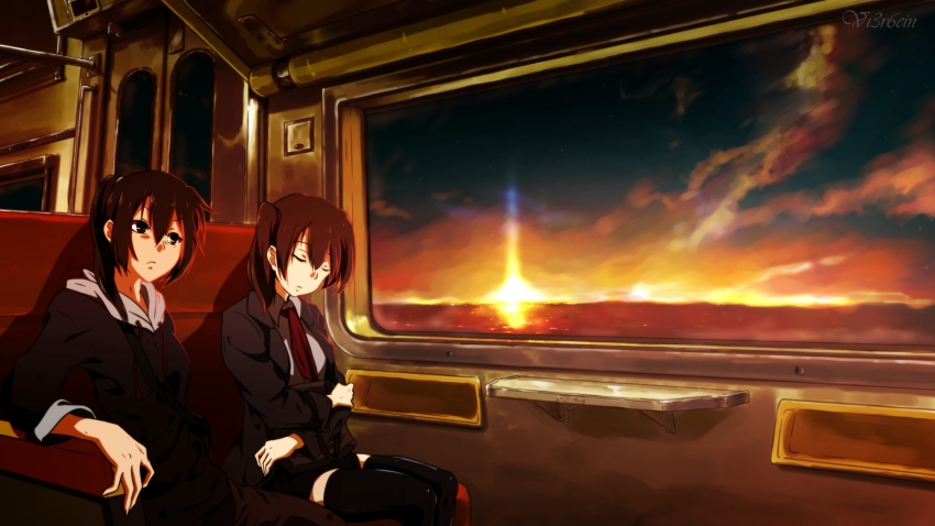 2girls, alternate_costume, alternate_hairstyle, armrest, black_legwear, brown_hair, closed_mouth, cloud