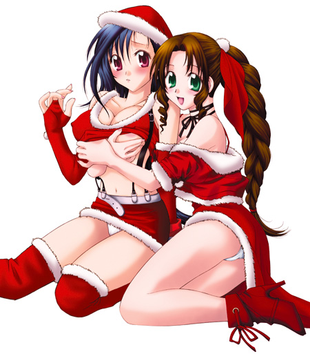 1990s_(style), 2girls, aerith_gainsborough, belt, black_hair, blue_hair, blush, boots, braid, breasts, brown_hair, christmas, final_fantasy, final_fantasy_vii, grabbing_another's_breast, green_eyes, groping, hat, high_heel_boots, high_heels, hyoujun_mai, long_hair, miniskirt, multiple_girls, panties, pantyshot, pink_eyes, ponytail, retro_artstyle, ribbon, santa_costume, santa_hat, skirt, suspender_skirt, suspenders, thighhighs, tifa_lockhart, underwear, upskirt, white_panties, yuri