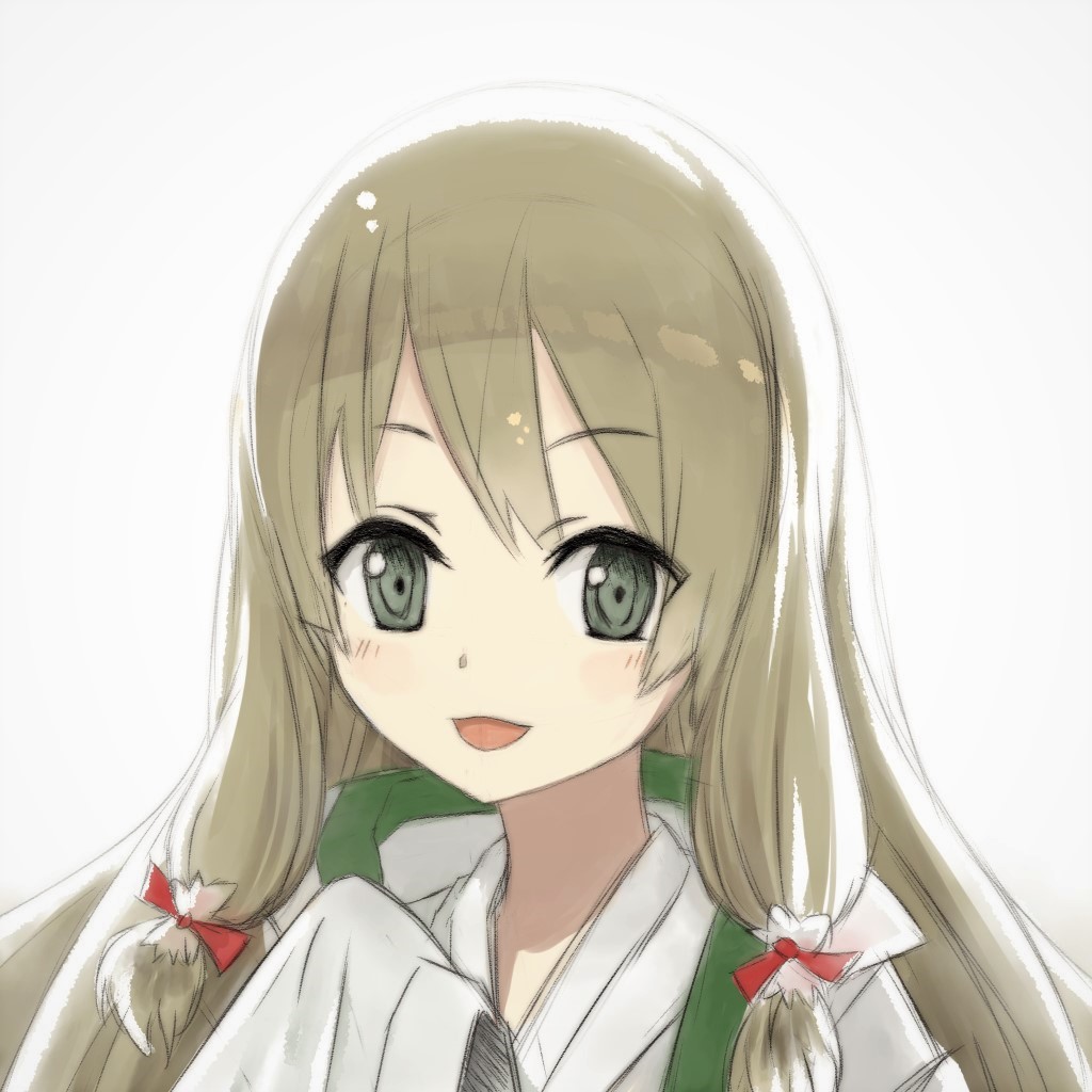 1girl, blonde_hair, brown_eyes, female_focus, grey_background, hair_ribbon, haori, itaro