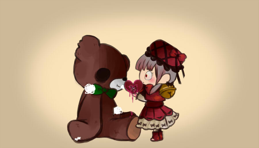 1girl, bell, bow, brown_background, from_side, full_body, happy_teddy_bear, hat, heart, laetitia_(project_moon), lobotomy_corporation, project_moon, red_hat, simple_background, standing, stuffed_animal, stuffed_toy, tagme, teddy_bear