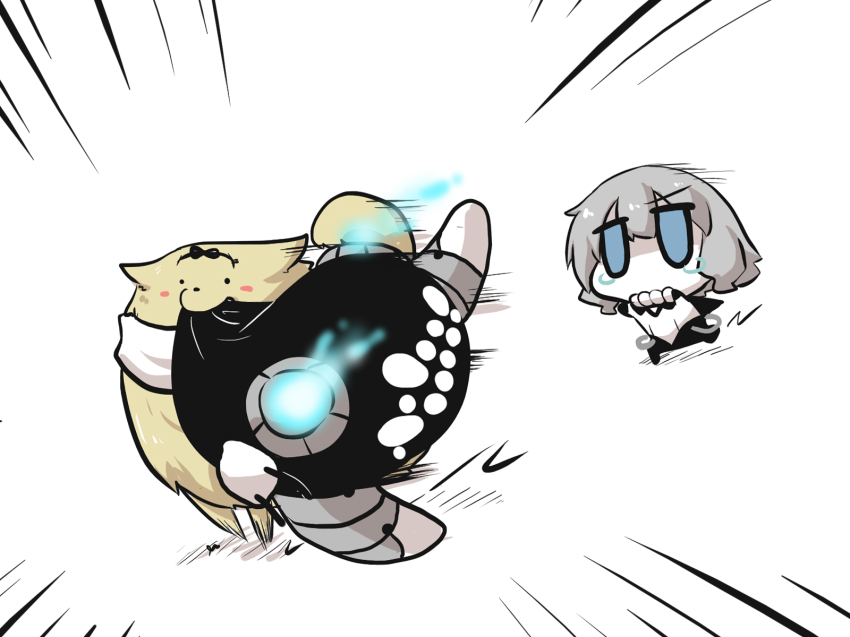 1girl, abyssal_ship, animalization, arm_up, blue_eyes, bow, cape, chasing