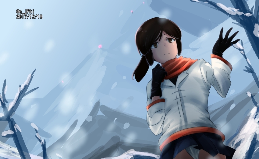 1girl, adapted_costume, alternate_costume, black_gloves, blue_sky, brown_eyes, brown_hair, dated