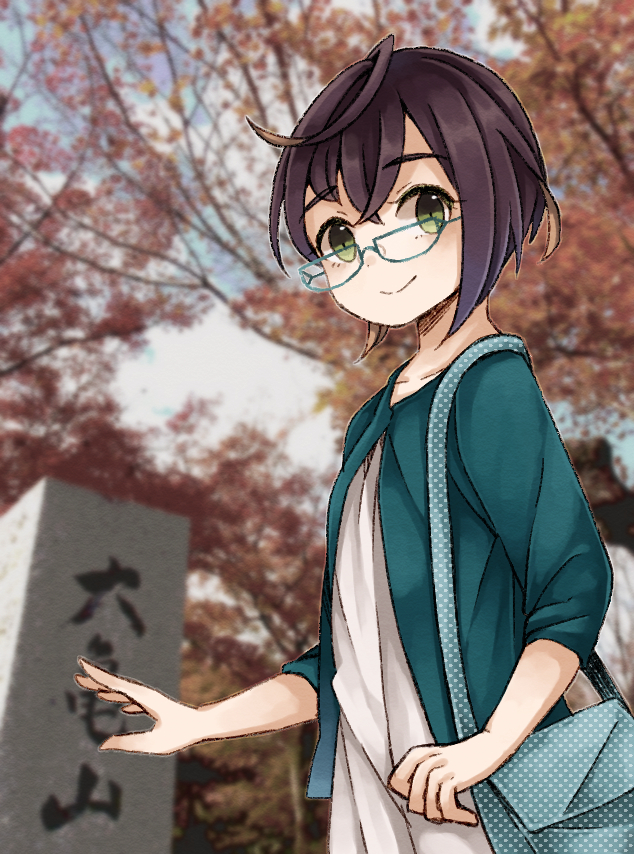 1girl, alternate_costume, bad_id, bad_pixiv_id, bag, black_hair, blouse, cowboy_shot, female_focus, glasses, green_eyes, kantai_collection, looking_at_viewer, miroku_san-ju, multicolored_hair, okinami_(kancolle), okinami_(ruysdael)_(kancolle), photo_background, pillar, pink_hair, shirt, short_hair, solo, tree, white_shirt