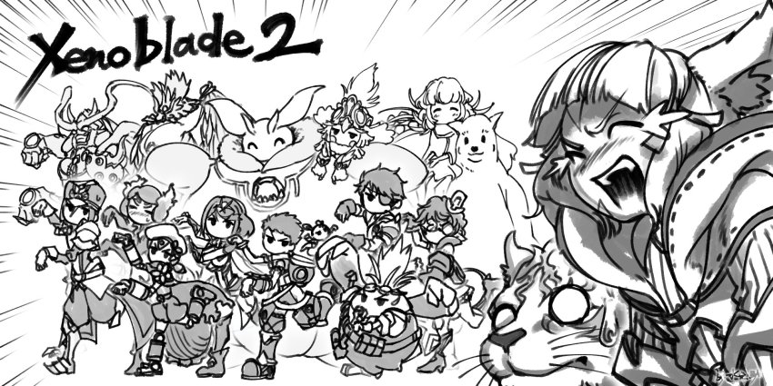 2boys, 6+girls, animal, animal_ears, artist_request, bear, bird, blush