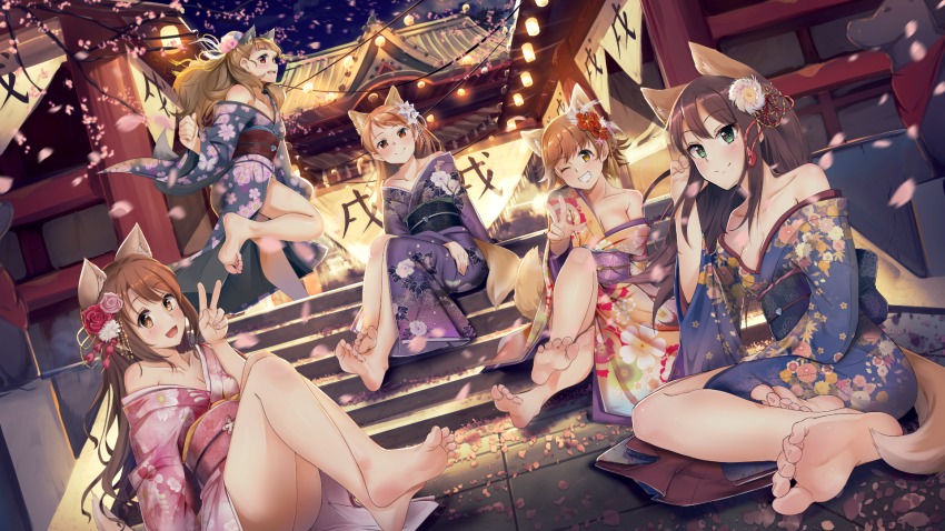 5girls, animal_ears, bare_shoulders, barefoot, breasts, brown_eyes, brown_hair, casino_(casinoep), cherry_blossoms, chrysanthemum_print, closed_mouth, dog_ears, feet, floral_print, flower, green_eyes, grin, hair_flower, hair_ornament, hairpin, highres, hojo_karen, honda_mio, idolmaster, idolmaster_cinderella_girls, japanese_clothes, kamiya_nao, kemonomimi_mode, kimono, medium_breasts, motion_blur, multiple_girls, one_eye_closed, one_side_up, open_mouth, peony_print, petals, red_eyes, shibuya_rin, shimamura_uzuki, short_hair, sitting, smile, soles, stairs, standing, standing_on_one_leg, tail, temple, toes, v