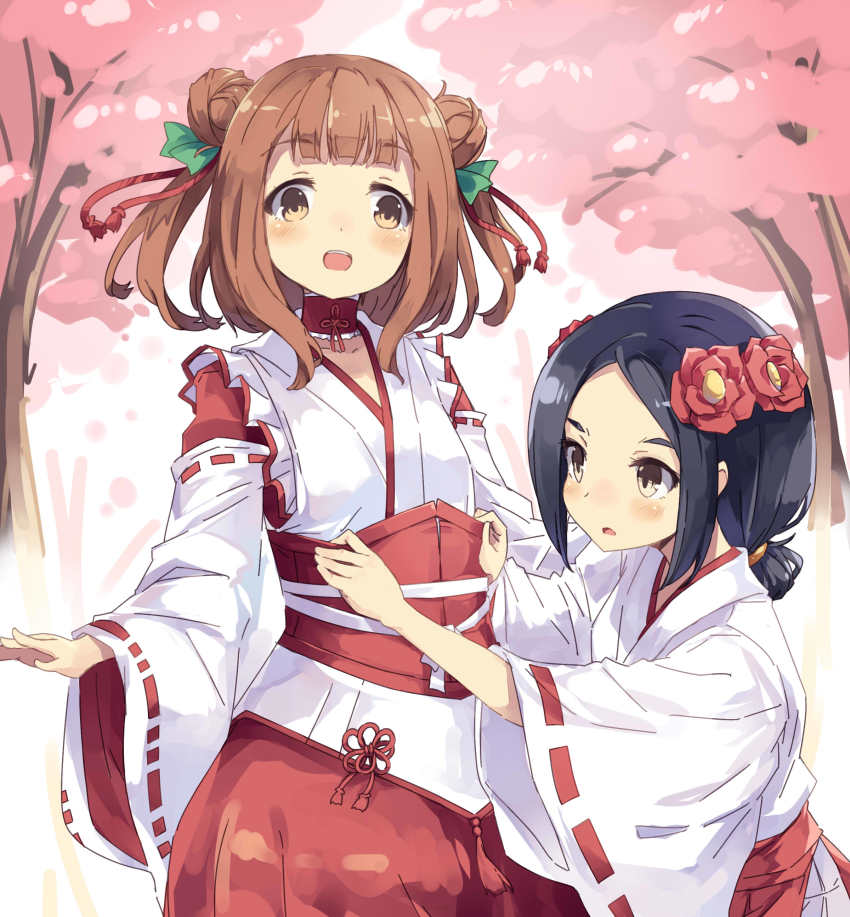 2girls, absurdres, adjusting_sash, alternate_costume, beatrice_(princess_principal), black_hair, blush, brown_eyes