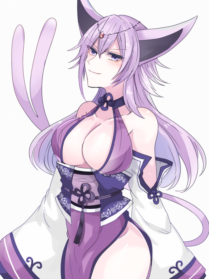 1girl, animal_ears, bad_id, bad_pixiv_id, blue_eyes, breasts, cleavage, espeon, female_focus, gen_2_pokemon, highres, japanese_clothes, large_breasts, long_hair, mugimeshi_(midorimugi008), nintendo, personification, pokemon, purple_eyes, smile, solo, standing, tail