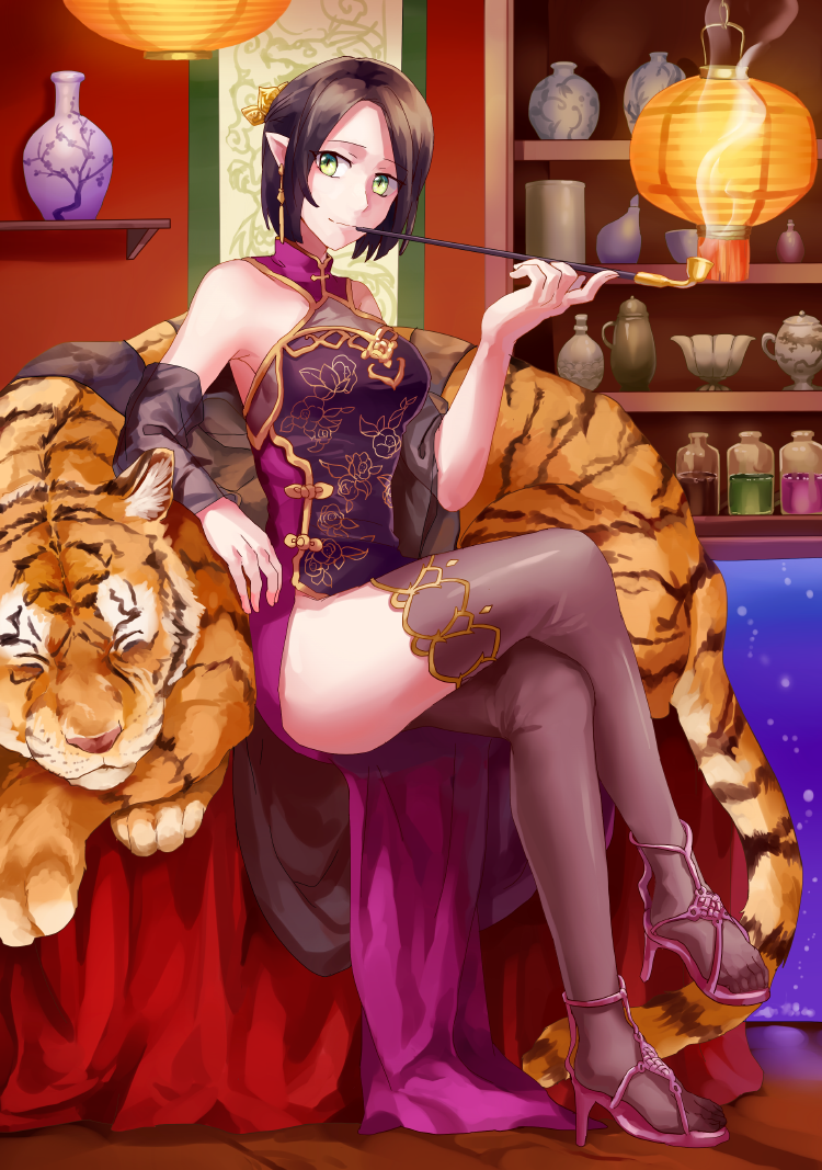 1girl, black_thighhighs, china_dress, chinese_clothes, closed_eyes, crossed_legs, dillsien, dress, earrings, female_focus, green_eyes, high_heels, holding, holding_smoking_pipe, jewelry, lantern, original, paper_lantern, pointy_ears, short_hair, sitting, smoking, smoking_pipe, smoking_pipe_in_mouth, solo, thighhighs, tiger, vase
