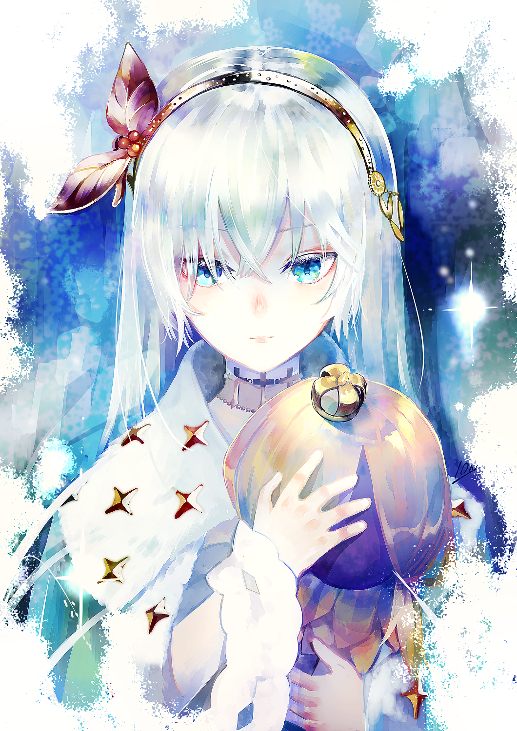1girl, anastasia_(fate), blue_background, blue_eyes, closed_mouth, coat, colored_eyelashes, cross