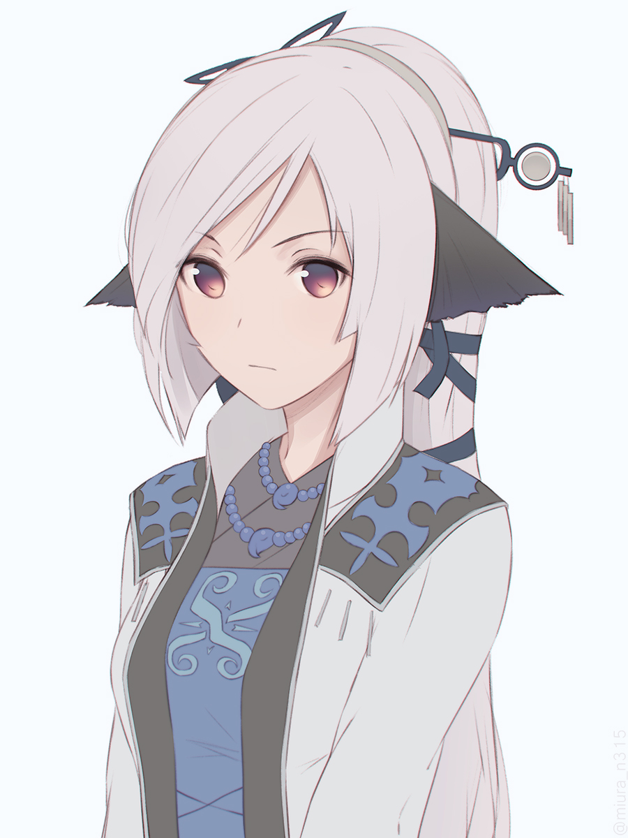 1girl, absurdly_long_hair, ainu_clothes, angry, animal_ears, aquaplus, bad_id, bad_pixiv_id, breasts, closed_mouth, coat, dress, female_focus, gradient_eyes, hair_between_eyes, hair_ornament, high_ponytail, highres, jewelry, kuon_(utawarerumono), kuon_tenshi, long_hair, long_sleeves, looking_at_viewer, magatama, magatama_necklace, medium_breasts, miura-n315, multicolored_eyes, necklace, ponytail, red_eyes, sidelocks, silver_hair, solo, spoilers, swept_bangs, upper_body, utawarerumono, utawarerumono:_futari_no_hakuoro, very_long_hair, white_background