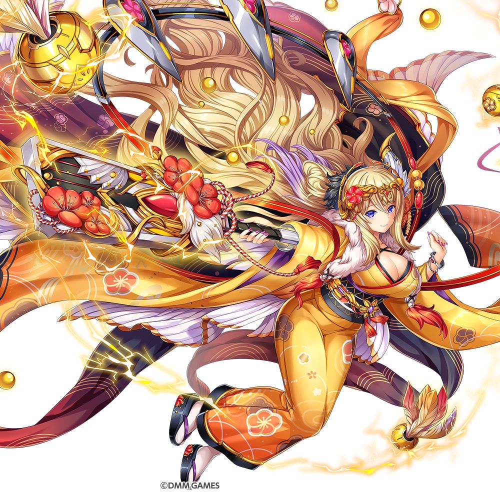 1girl, absurdly_long_hair, aphrodite_(kami_project), blonde_hair, blue_eyes, bracelet, breasts, cleavage, cleavage_cutout, clothing_cutout, crown, dmm, female_focus, floral_print, geta, gradient_hair, hagoita, hair_ornament, hanetsuki, huge_breasts, japanese_clothes, jewelry, kamihime_project, kanzashi, kimono, long_hair, looking_at_viewer, magic, magic_lightning, multicolored_hair, nail_polish, new_year, obi, official_art, paddle, pink_nails, sandals, sash, smile, solo, tabi, very_long_hair