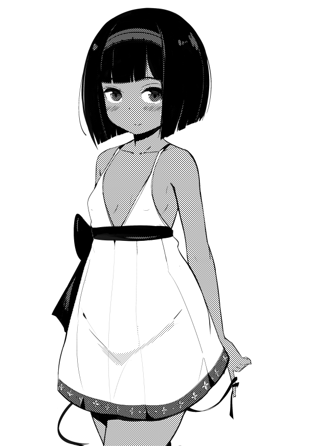 1girl, bare_arms, bare_shoulders, blunt_bangs, blush, bob_cut, bow, breasts
