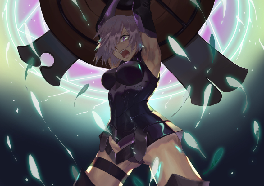 1girl, angry, armor, armpits, bad_id, bad_pixiv_id, black_thighhighs, breasts