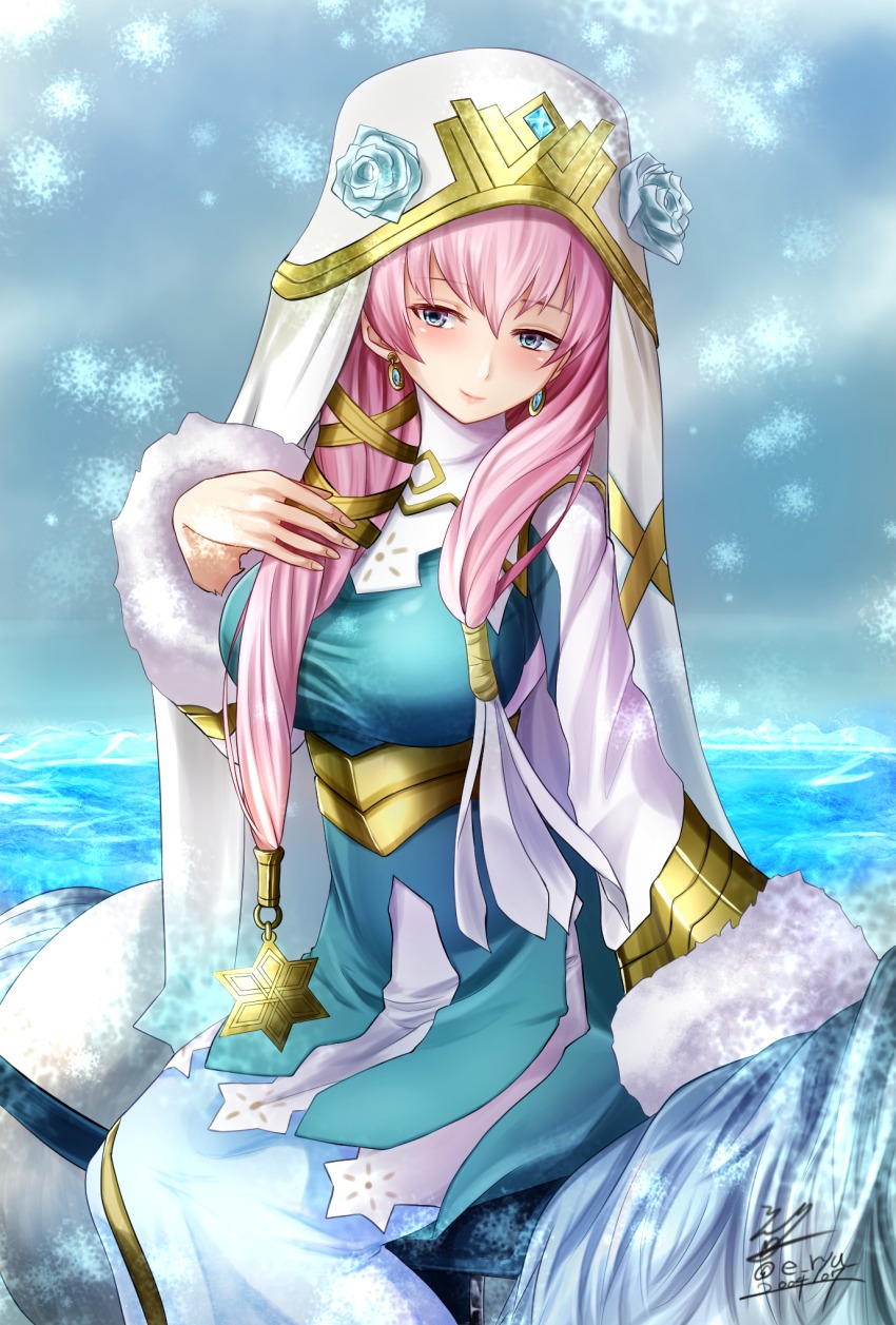 1girl, artist_name, blue_eyes, breasts, earrings, eeryuu_(2004107), female_focus, fire_emblem, fire_emblem_heroes, flower, fur_trim, gem, gunnthra_(fire_emblem), hat, highres, horse, ice, jewelry, large_breasts, long_hair, low_twintails, nintendo, pink_hair, sitting, snow, snowing, solo, twintails, veil