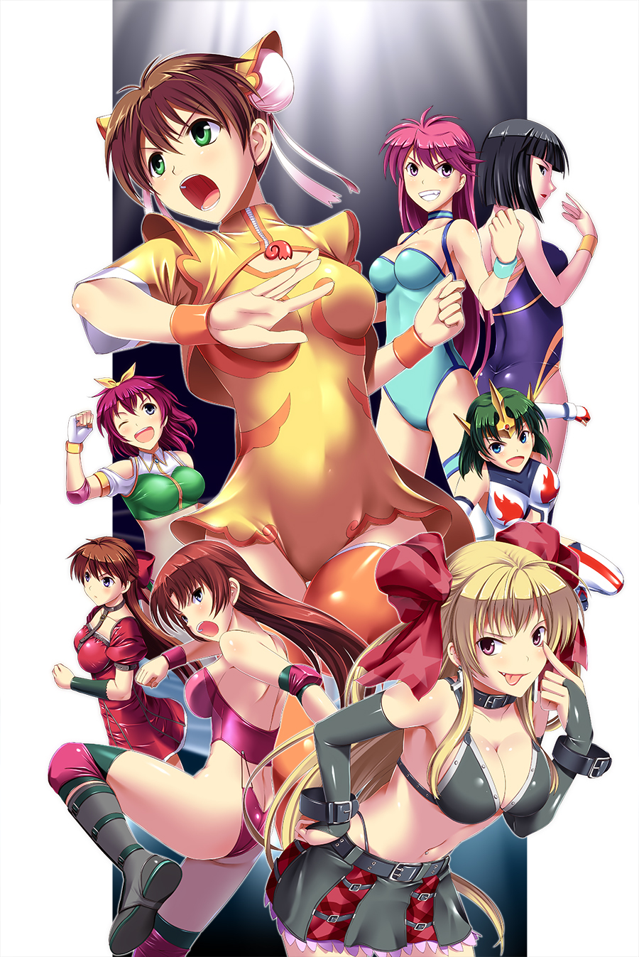 6+girls, :p, back-to-back, black_hair, blonde_hair, blue_eyes, blue_leotard, boots