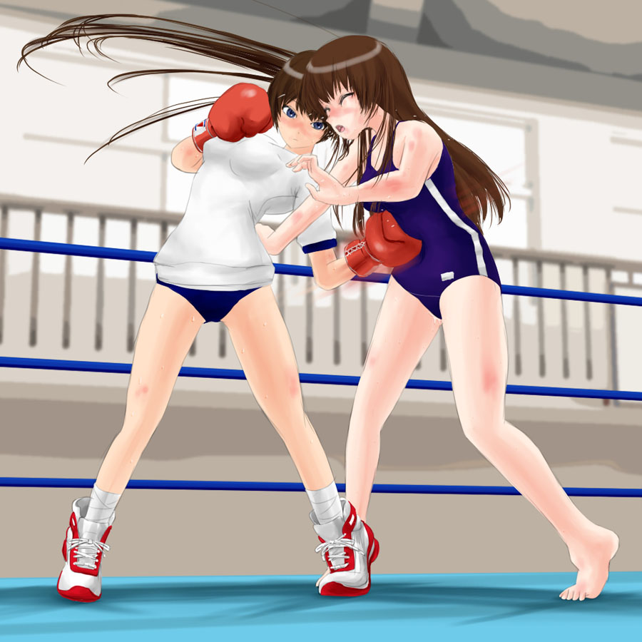 13, 2girls, arena, ayano_(#13), battle, blush, boots, boxing