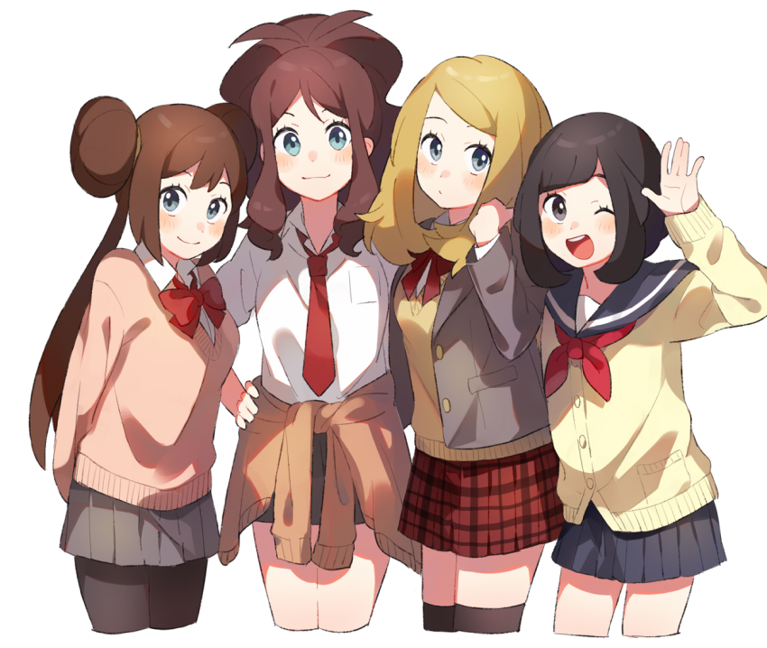 4girls, :3, ;), ;d, alternate_costume, arm_up, arms_behind_back, black_hair
