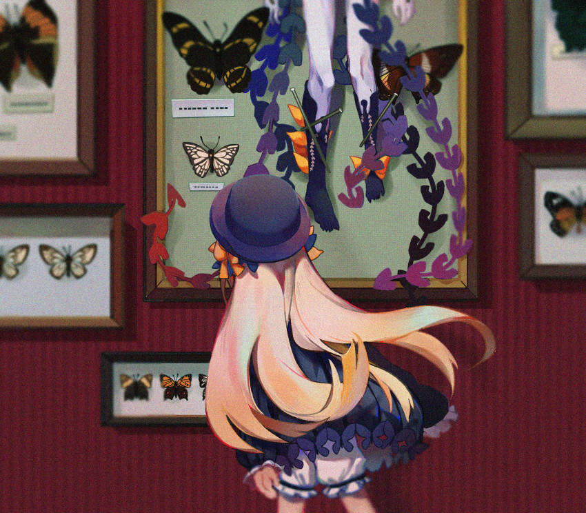 2girls, abigail_williams_(fate), abigail_williams_(first_ascension)_(fate), abigail_williams_(third_ascension)_(fate), black_bow, black_dress, black_hat, black_socks, blonde_hair, bloomers, bow, bug, butterfly, dress, dual_persona, facing_away, fate/grand_order, fate_(series), framed_insect, hair_bow, hat, highres, indoors, insect, kneehighs, long_hair, long_sleeves, looking_at_viewer, meyrikun, multiple_girls, orange_bow, pale_skin, parted_bangs, polka_dot, polka_dot_bow, sleeves_past_wrists, socks, underwear, very_long_hair, white_bloomers