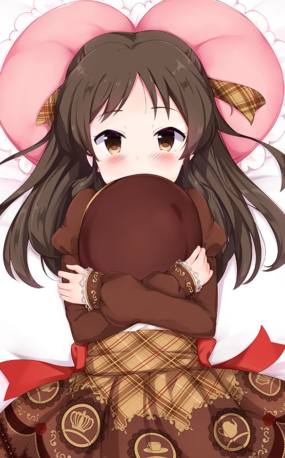 1girl, bed_sheet, blush, brown_eyes, brown_hair, brown_hat, brown_ribbon, brown_shirt, brown_skirt, covered_mouth, crossed_arms, female_focus, hair_ribbon, hat, hat_hug, heart, heart-shaped_pillow, idolmaster, idolmaster_cinderella_girls, juliet_sleeves, long_sleeves, looking_at_viewer, lying, nyatrix, on_back, pillow, plaid_ribbon, puffy_sleeves, ribbon, shirt, skirt, sleeves_past_wrists, solo, tachibana_arisu, unworn_hat, unworn_headwear