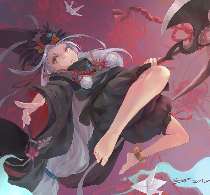 androgynous, anklet, axe, barefoot, black_hat, dated, feet, full_body, gender_request, hakudouji, hat, jewelry, kresop, long_hair, looking_at_viewer, low-tied_long_hair, male_focus, onmyoji, origami, paper_crane, pointing, pointing_at_viewer, solo, tate_eboshi, very_long_hair, weapon, white_hair, yellow_eyes