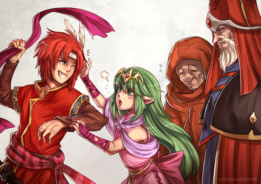 1girl, 3boys, bantu_(fire_emblem), fire_emblem, fire_emblem:_mystery_of_the_emblem, fire_emblem:_new_mystery_of_the_emblem, fire_emblem:_shadow_dragon, fire_emblem:_shadow_dragon_and_the_blade_of_light, gato_(fire_emblem), green_hair, grin, gzei, hair_down, headband, laughing, multiple_boys, nintendo, pointy_ears, red_hair, smile, tiara, tiki_(fire_emblem), tiki_(young)_(fire_emblem), wizard, xane_(fire_emblem)