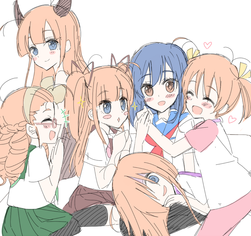 6+girls, :d, ^_^, affectionate_harem, blush, blush_stickers, closed_eyes, demon_horns, diamond_mouth, drill_hair, empty_eyes, flip_flappers, girl_sandwich, hair_over_one_eye, hand_on_another's_shoulder, horns, kokomine_cocona, lap_pillow, multiple_girls, multiple_persona, open_mouth, own_hands_together, papia_(flip_flappers), papika_(flip_flappers), papiko_(flip_flappers), papina_(flip_flappers), papino_(flip_flappers), papiyo_(flip_flappers), profile, sandwiched, school_uniform, serafuku, simple_background, sketch, smile, sou_(mgn), sparkle, white_background