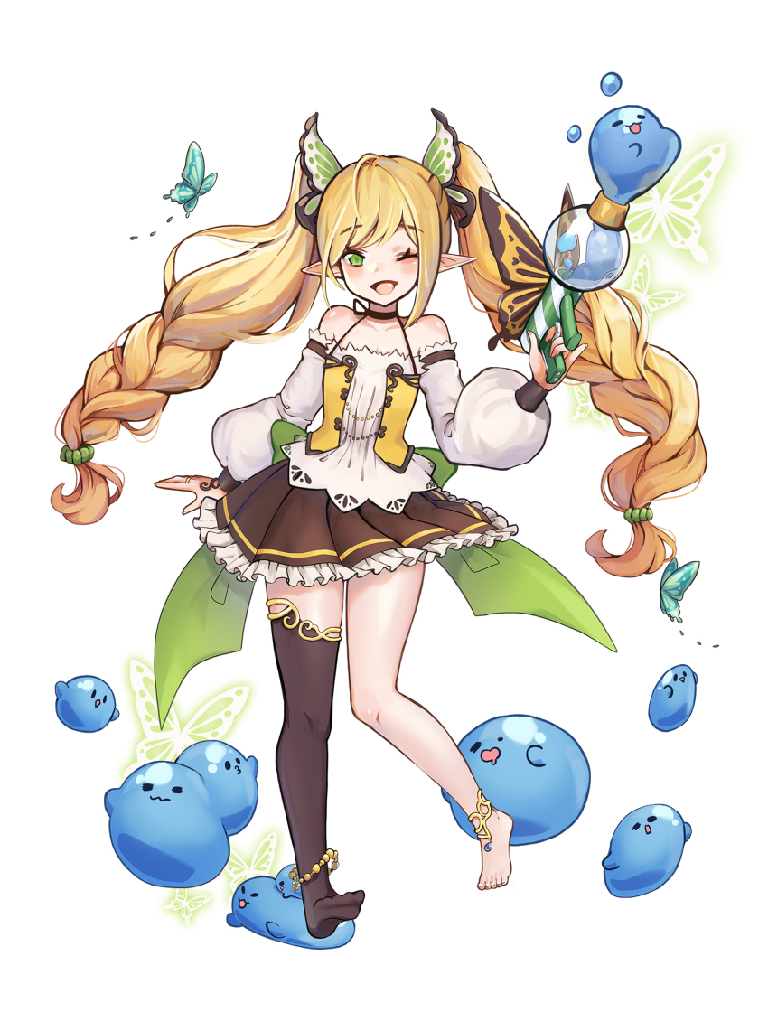 1girl, ;d, anklet, asymmetrical_legwear, barefoot, black_skirt, black_thighhighs, blonde_hair