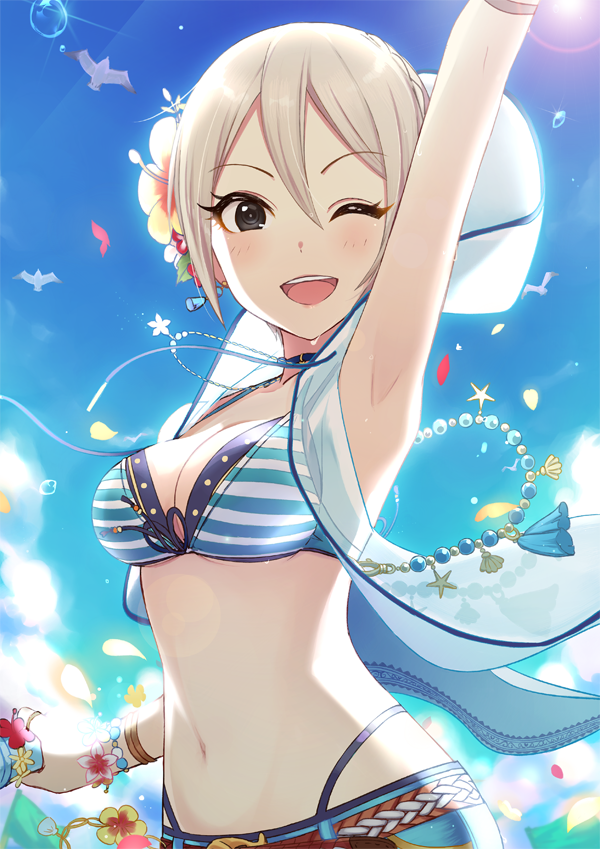 1girl, :d, arm_up, armpits, bead_necklace, beads, belt, bikini, bikini_top_only, bird, blue_sky, breasts, choker, cleavage, cutoffs, day, denim, denim_shorts, earrings, female_focus, flower, front-tie_bikini_top, front-tie_top, grey_hair, haikimono_shounen, hair_flower, hair_ornament, happy, hood, hoodie, idolmaster, idolmaster_cinderella_girls, jewelry, layered_bikini, looking_at_viewer, medium_breasts, multi-strapped_bikini, necklace, one_eye_closed, open_mouth, outdoors, shiomi_syuko, short_hair, short_shorts, shorts, sky, sleeveless, sleeveless_hoodie, smile, solo, striped_bikini, striped_clothes, sun, sunlight, swimsuit, underboob