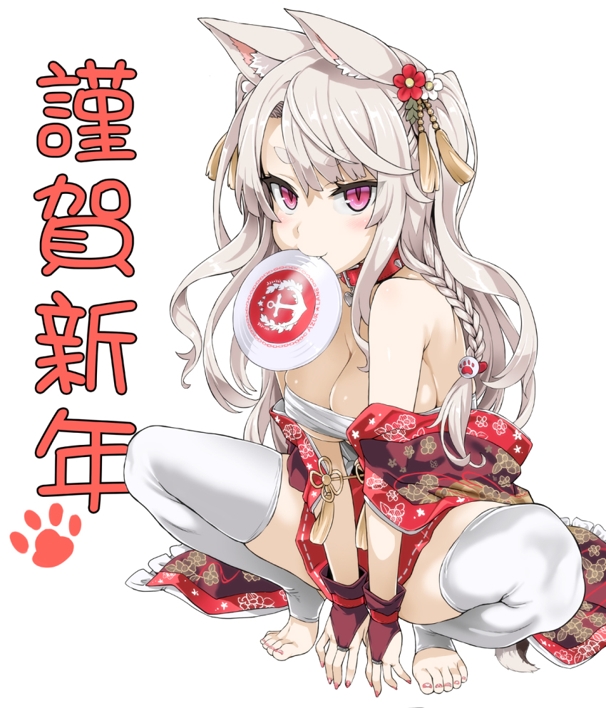 1girl, animal_ears, asanagi, azur_lane, bare_shoulders, barefoot, braid, breasts, bridal_gauntlets, cleavage, collar, commentary_request, dog_ears, feet, female_focus, fingerless_gloves, flower, frisbee, gloves, hair_flower, hair_ornament, highres, large_breasts, long_hair, looking_at_viewer, mouth_hold, nail_polish, nengajou, new_year, no_shoes, open_clothes, red_eyes, short_eyebrows, silver_hair, simple_background, single_braid, smile, solo, spread_legs, squatting, thighhighs, toeless_legwear, toenail_polish, toenails, toes, translated, white_background, white_thighhighs, yuudachi_(azur_lane), yuudachi_(shogun_of_snowballs)_(azur_lane)