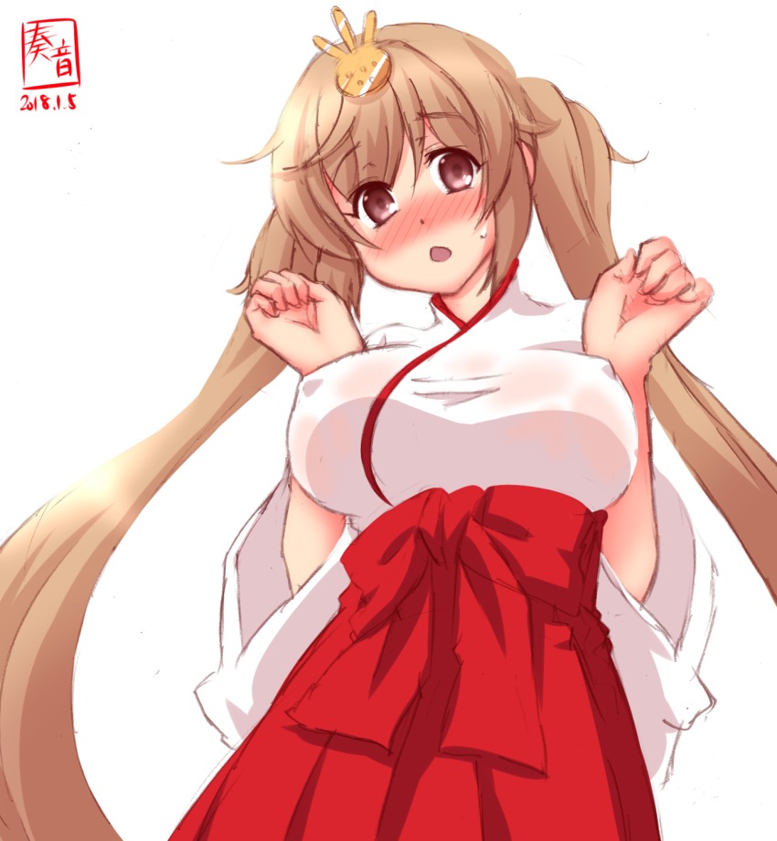 1girl, alternate_costume, artist_logo, blush, breasts, brown_eyes, brown_hair, covered_erect_nipples